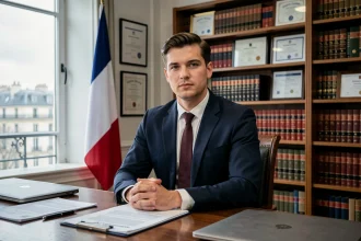 Jeune homme politique en costume sombre assis à un bureau institutionnel avec des documents officiels, illustrant le salaire et la rémunération d'un responsable politique français