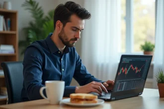 Salarié qui se forme à la bourse sur son ordinateur portable pendant sa pause déjeuner dans un bureau à domicile