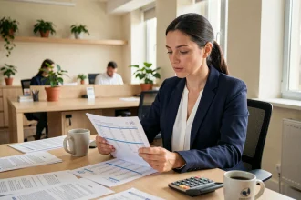 Femme salariée examinant son bulletin de salaire et un planning de travail à son bureau dans un open space professionnel moderne