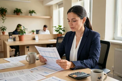 Femme salariée examinant son bulletin de salaire et un planning de travail à son bureau dans un open space professionnel moderne