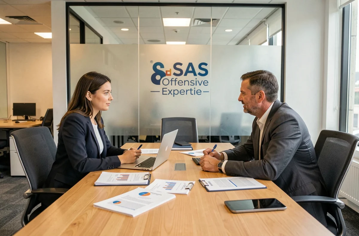 Équipe de SAS Offensive Expertise à Rouen en réunion client autour d'une table de conférence