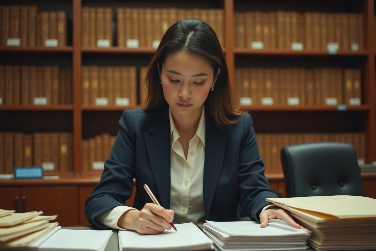 Secrétaire juridique examinant des dossiers dans une salle d