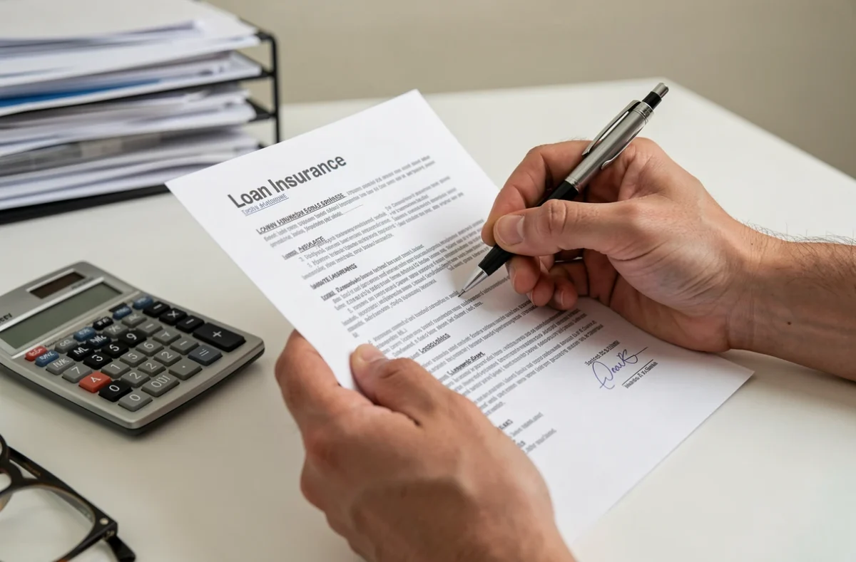 Mains tenant un contrat d'assurance emprunteur avec un stylo prêt à signer sur un bureau professionnel
