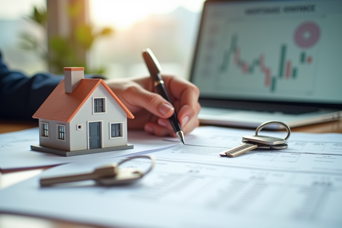 Main signant un contrat de mortgage avec maison et clés
