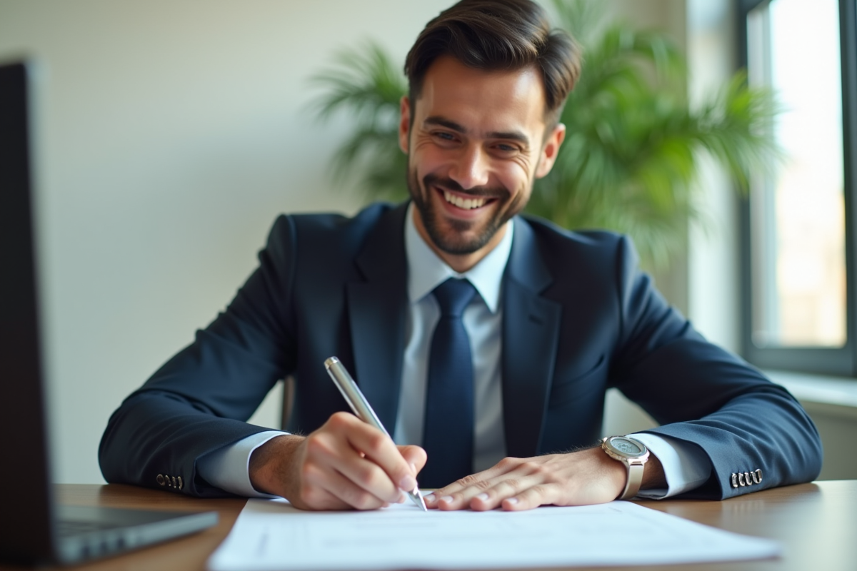 Professionnel signant des documents de prêt dans une banque