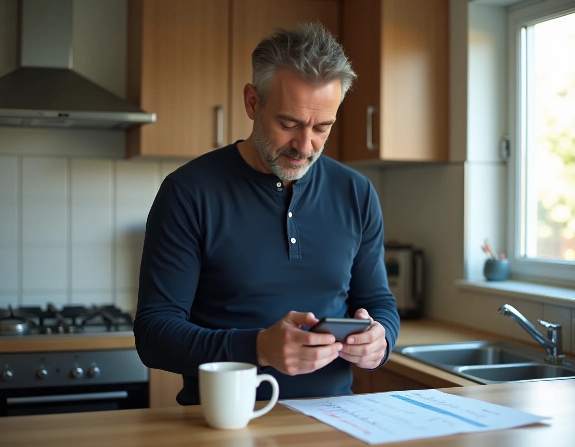 Homme consultant un simulateur de salaire net sur smartphone pour 25 heures semaine au SMIC dans une cuisine