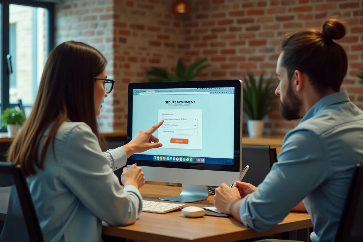 Deux collègues comparant des solutions alternatives à e cb La Banque Postale pour des paiements en ligne professionnels