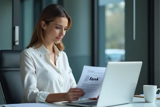 Professionnelle en bureau téléchargeant le logo banque CIC sur ordinateur pour usage professionnel
