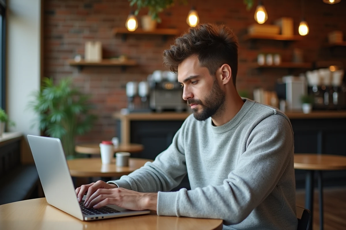 Jeune professionnel téléchargeant le logo CIC depuis un site bancaire officiel dans un café urbain