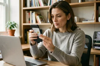 Femme en télétravail examinant une carte SIM prépayée pour mobile à son bureau à domicile