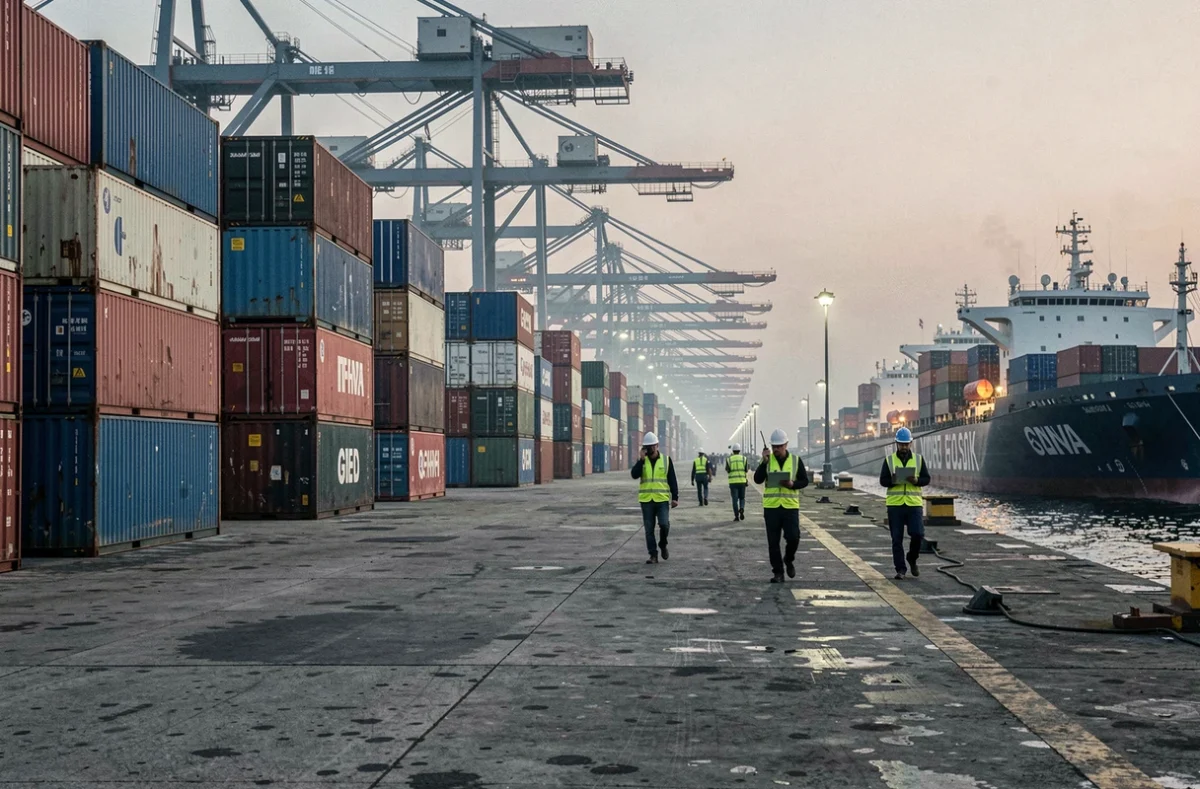 Terminal portuaire international avec grues et conteneurs symbolisant la puissance du commerce mondial et des exportations