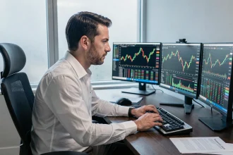 Trader professionnel analysant des graphiques de turbos en bourse sur plusieurs écrans dans un bureau moderne de trading
