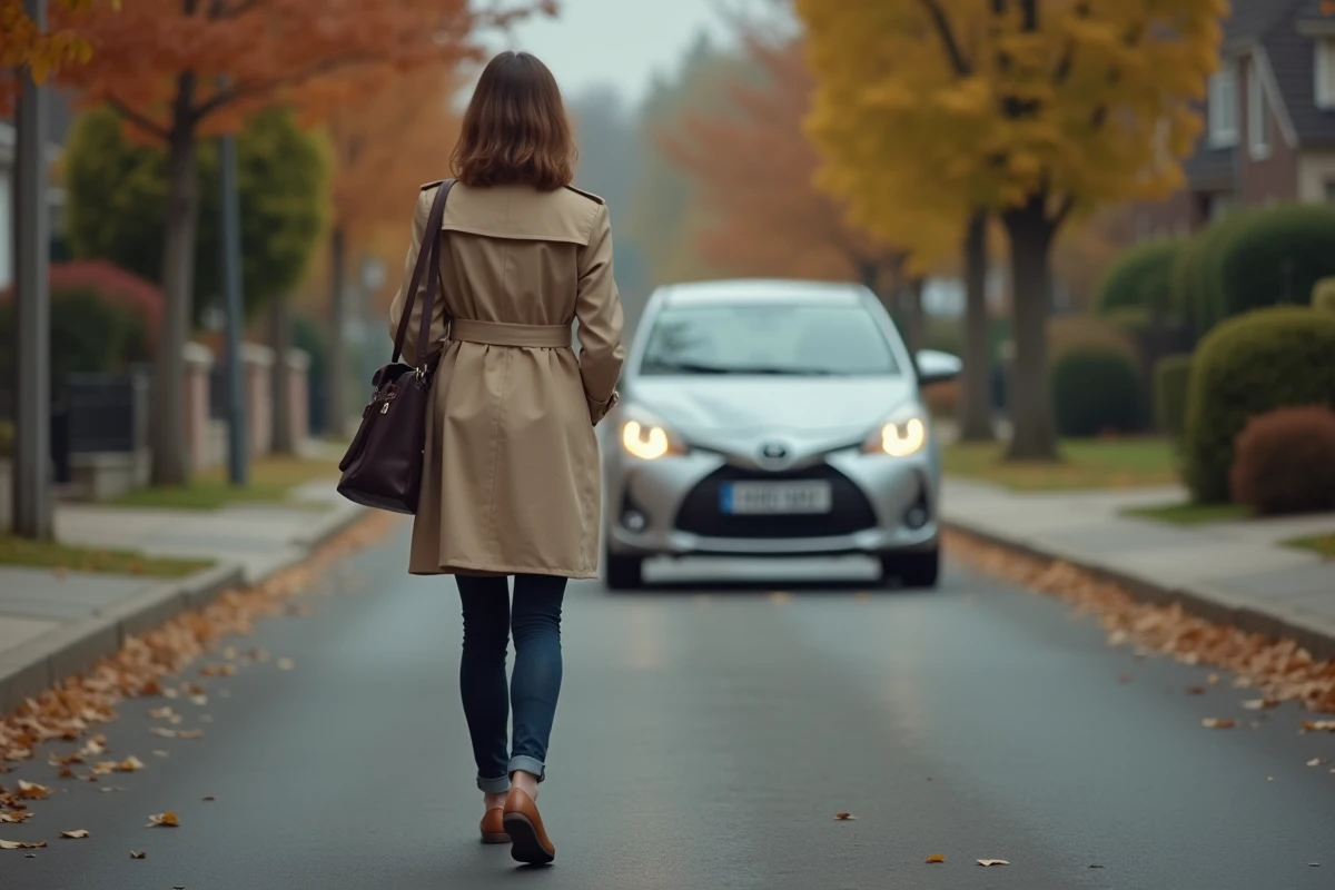 Une femme se rend au travail en voiture depuis son domicile, illustrant les trajets éligibles aux frais kilométriques 2026