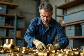 Ouvrier triant des pièces en laiton dans un centre de recyclage de métaux industriels