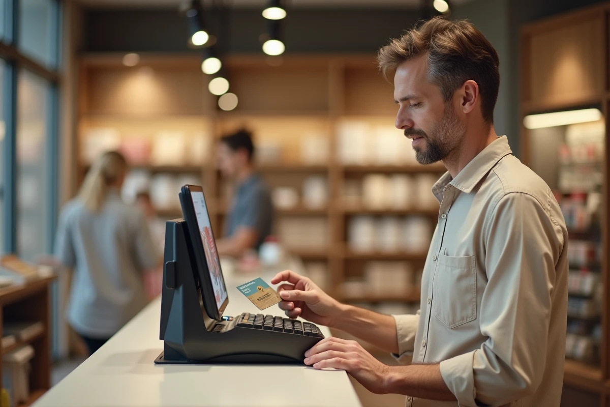 Homme utilisant une carte cadeau Kadéos Infini à la caisse d'un magasin