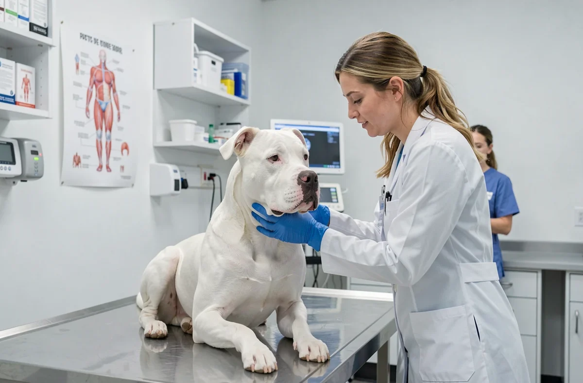 Vétérinaire examinant un Dogo Argentino chien de catégorie 1 dans une clinique vétérinaire moderne