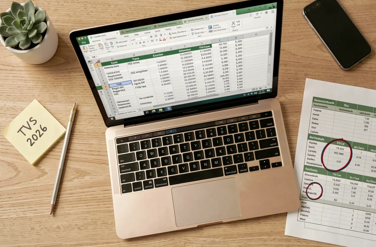 Vue aérienne d'un bureau avec un ordinateur affichant un tableur Excel de calcul TVS 2026 et un simulateur fiscal en ligne