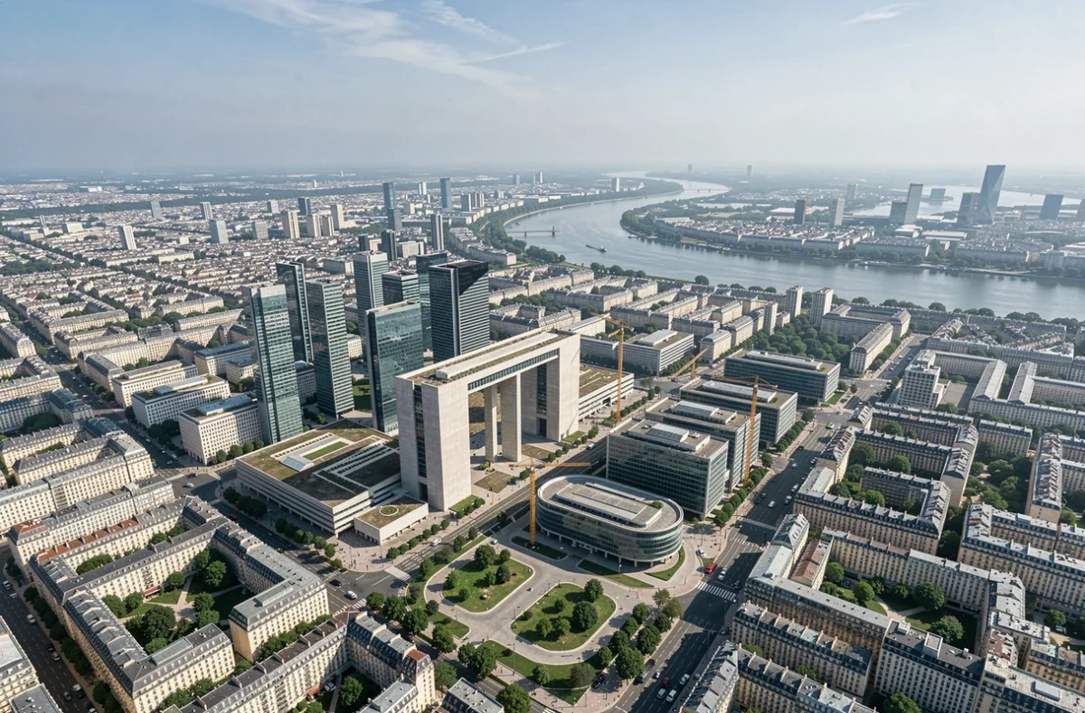 Vue aérienne du quartier de La Défense à Paris illustrant le potentiel d'investissement immobilier du Grand Paris via les SCPI